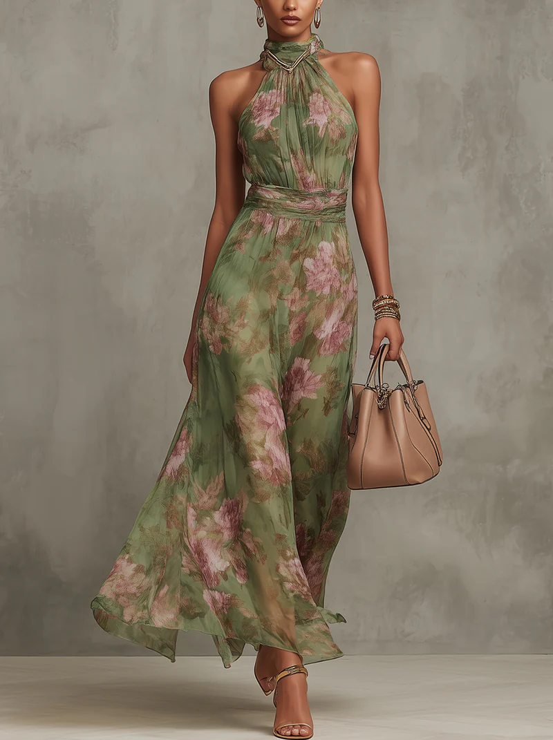 Halter maxi dress in green, front view