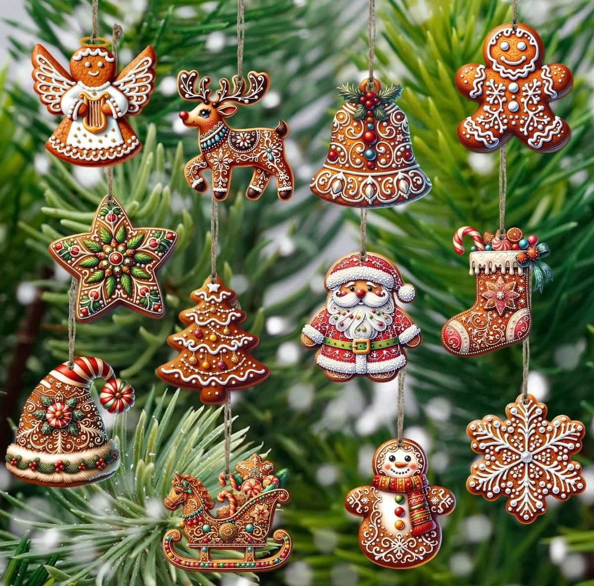 12-Piece Wooden Gingerbread Tree Decorations