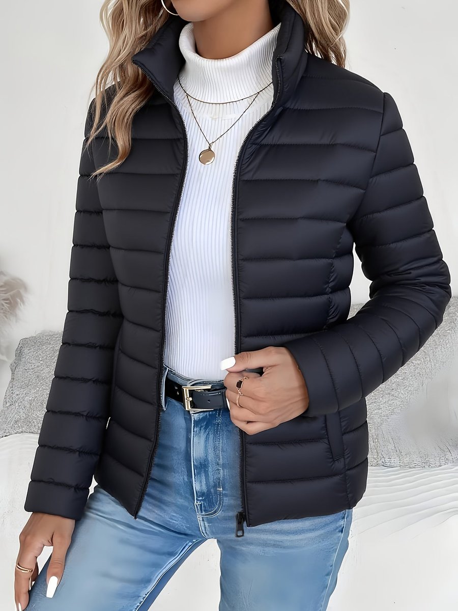 Slim stand collar puffer coat in black, front view
