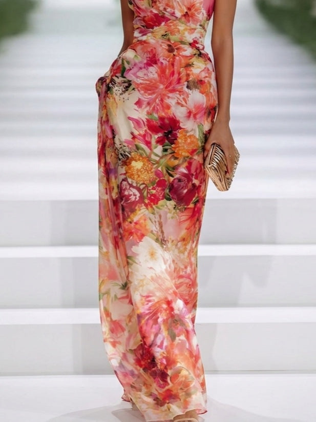 Open-back halter wedding guest dress, detail view