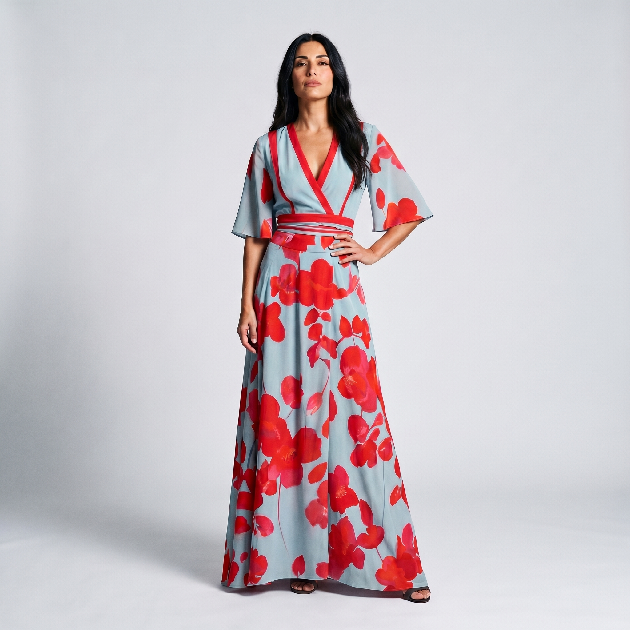 Floral wrap maxi dress, angle view closed on model