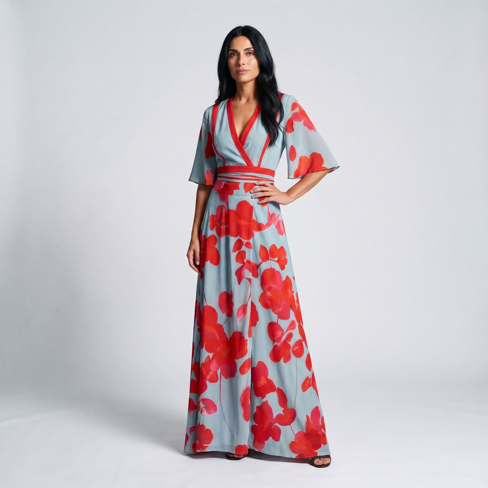Floral wrap maxi dress, front angle view on model
