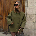 Turn-down collar button jacket in army green, front view