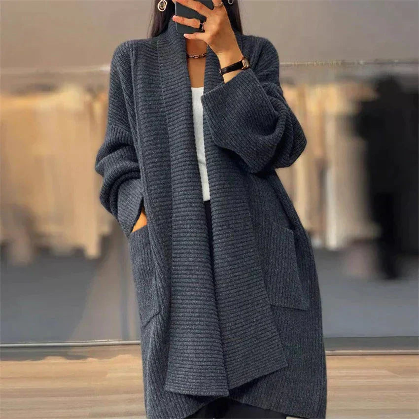 Chunky shawl collar open front cardigan in charcoal gray