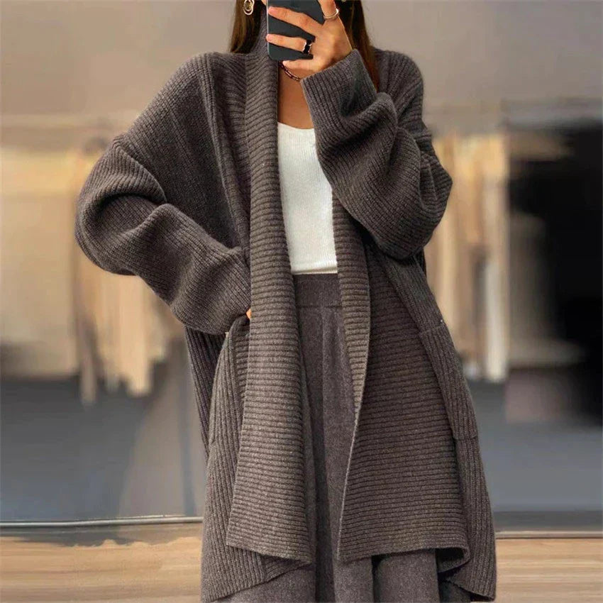 Chunky shawl collar open front cardigan in dark brown