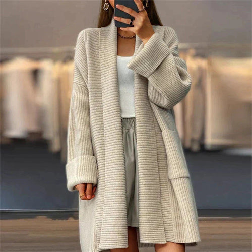 Chunky shawl collar open front cardigan in oatmeal, front view