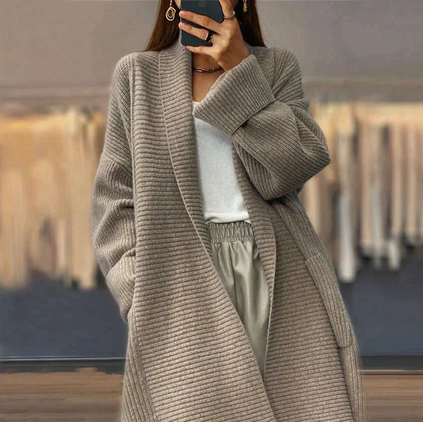 Chunky shawl collar open front cardigan in taupe