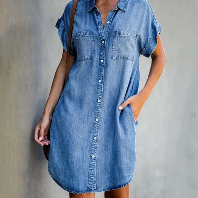 Front button knee-length dress in light blue, front view