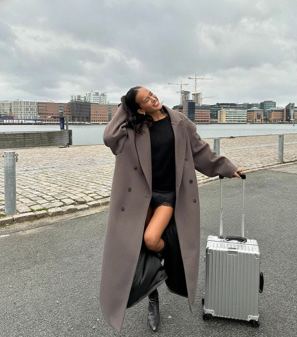 Double-breasted notched lapel maxi coat in beige