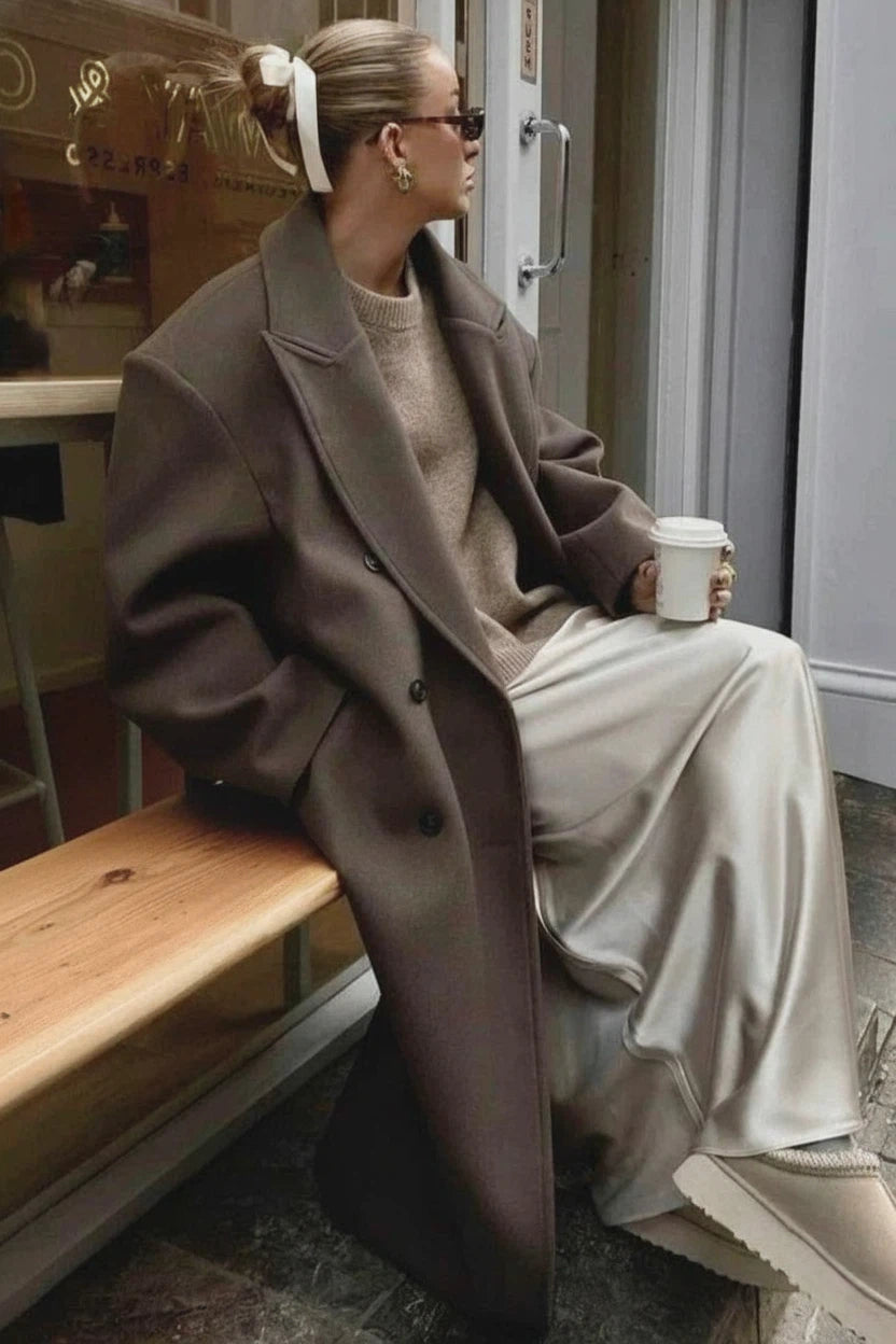 Double-breasted notched lapel maxi coat in gray