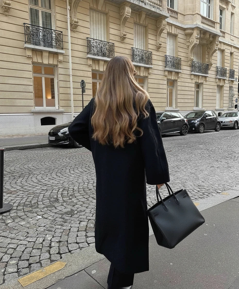 Double-breasted notched lapel maxi coat in black