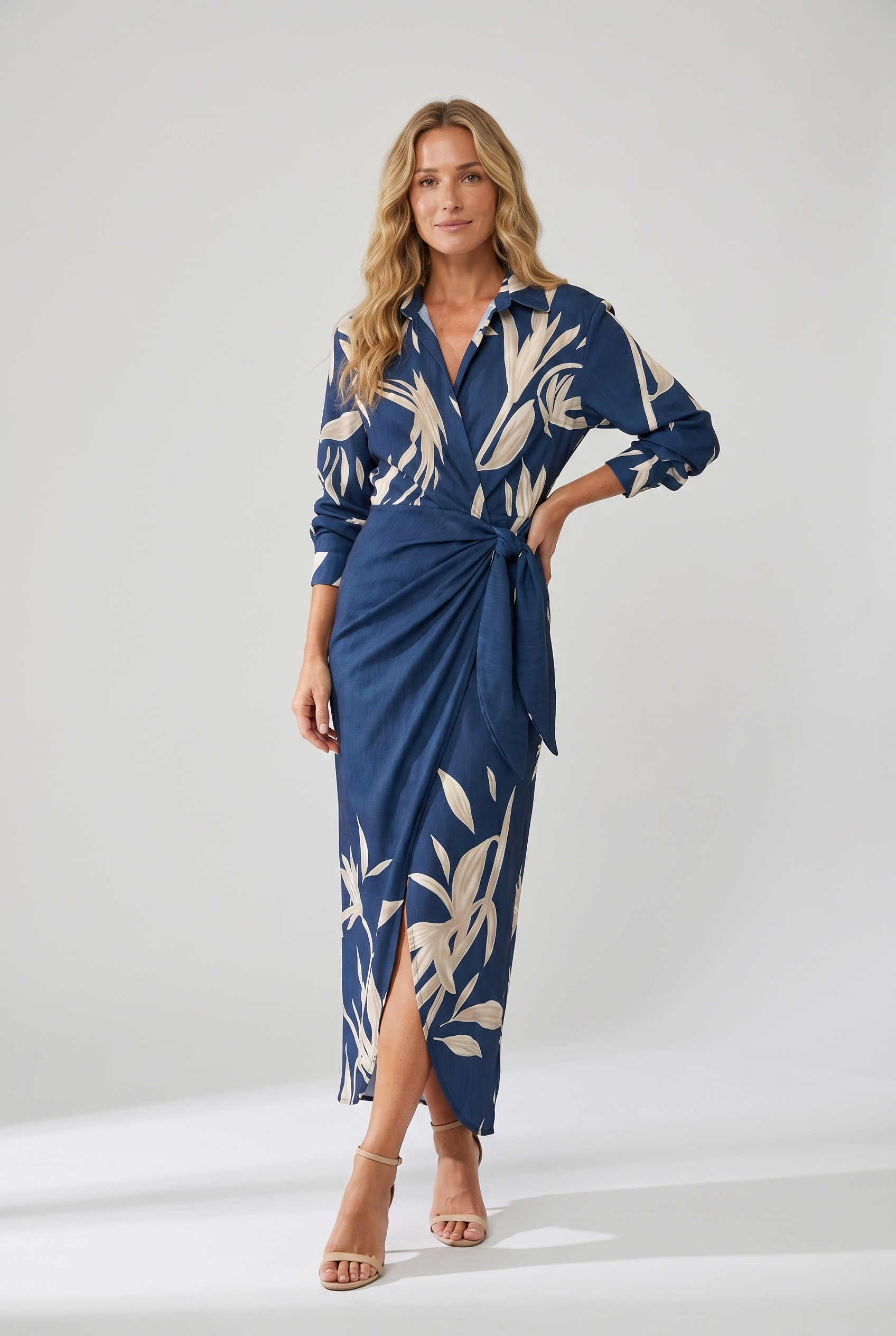 Leaf print wrap maxi dress, front view on model