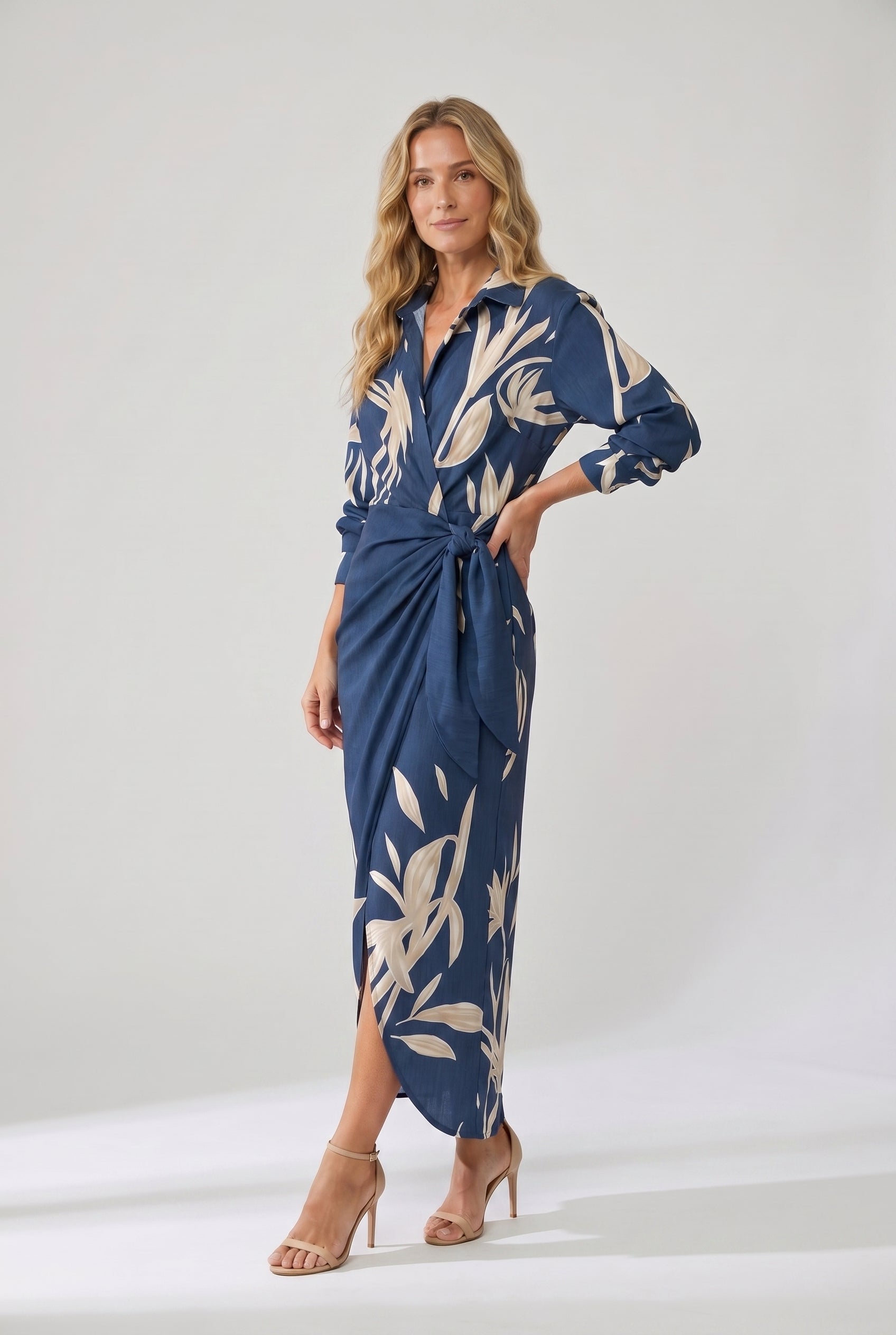 Leaf print wrap maxi dress, three-quarter view on model