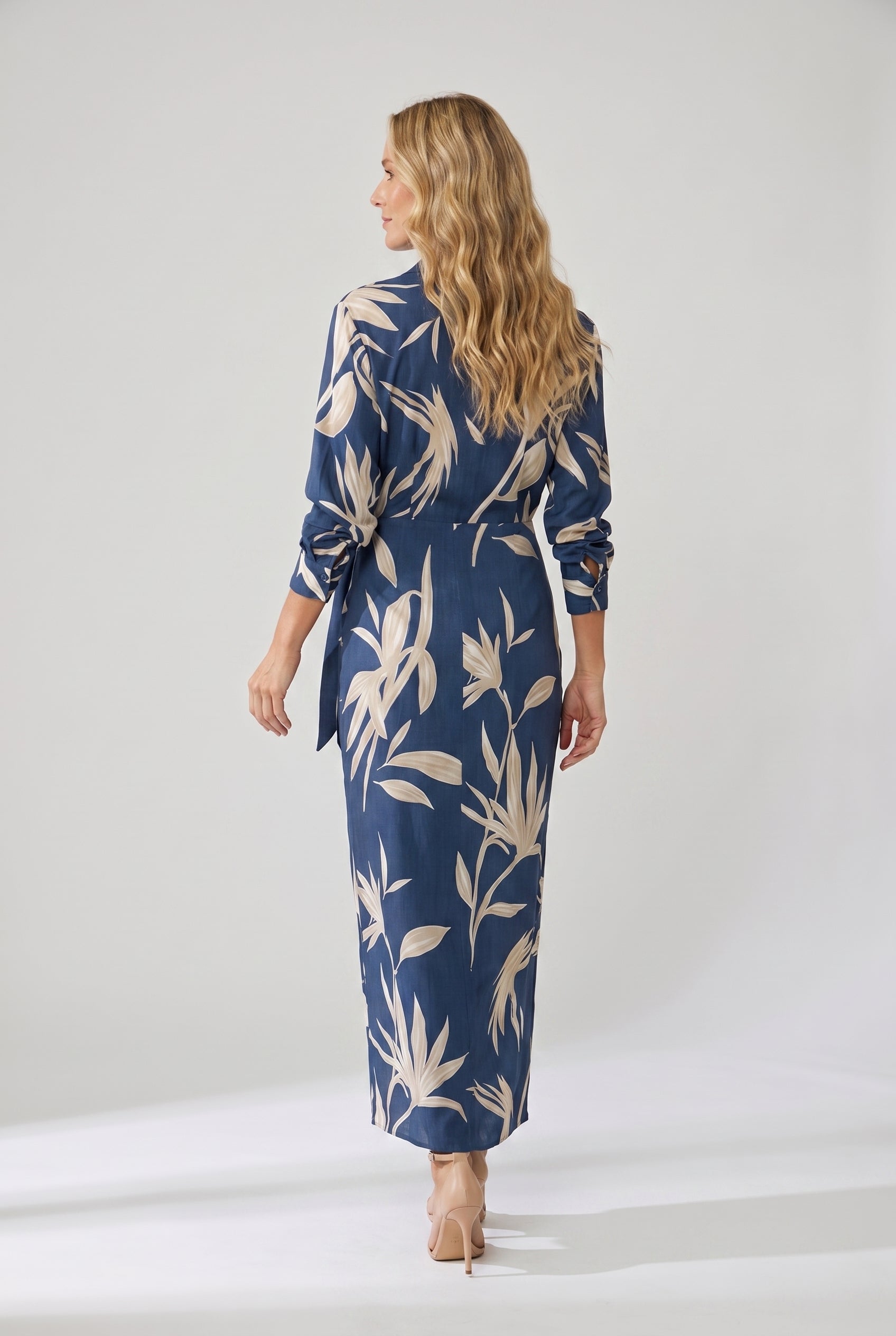 Leaf print wrap maxi dress, back view on model
