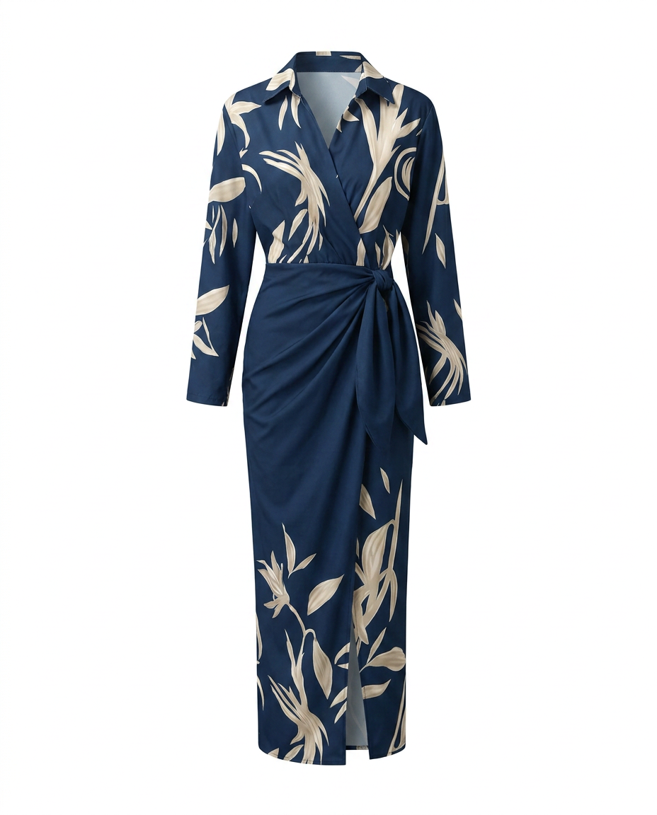 Leaf print wrap maxi dress in blue, product flat view