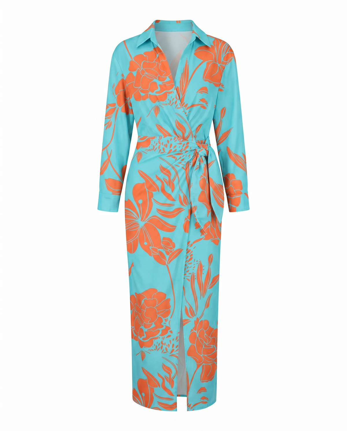 Leaf print wrap maxi dress in light blue, product flat view