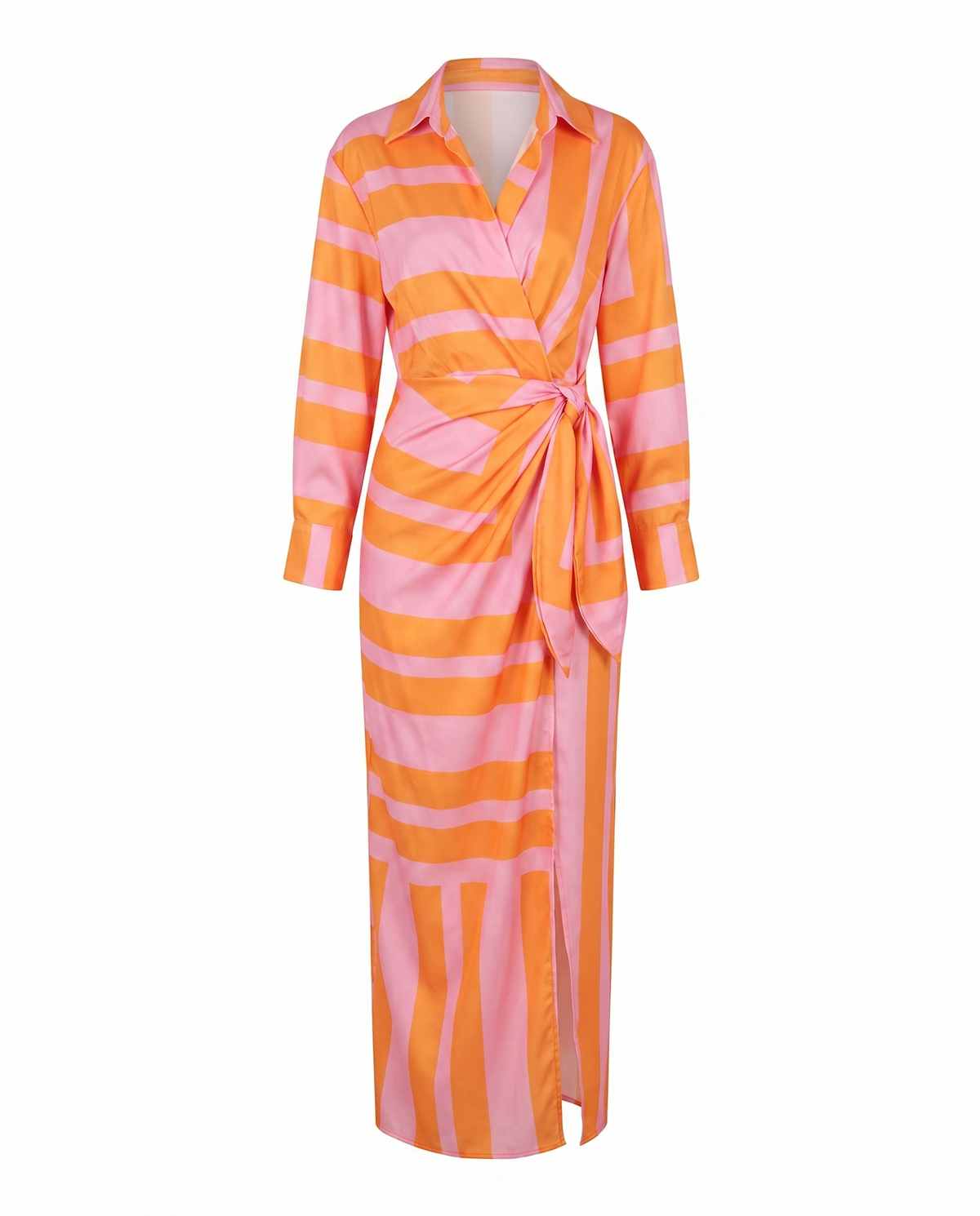 Leaf print wrap maxi dress in orange, product flat view