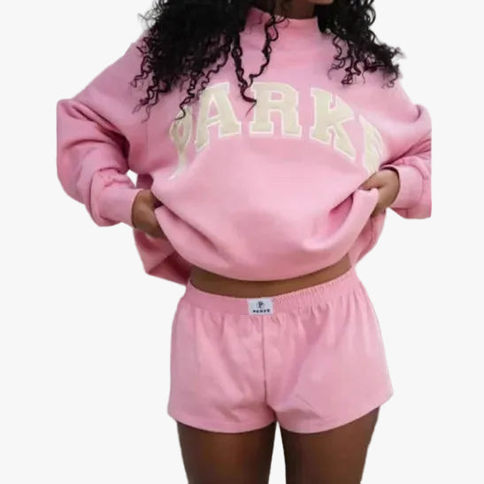 Varsity mock neck sweatshirt in pink, front view