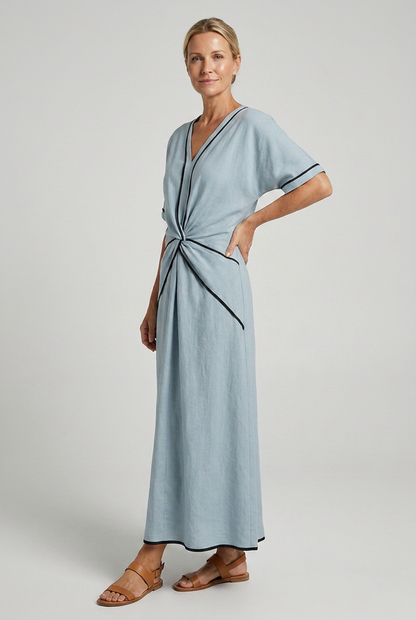 Twist front maxi dress, three-quarter view on model