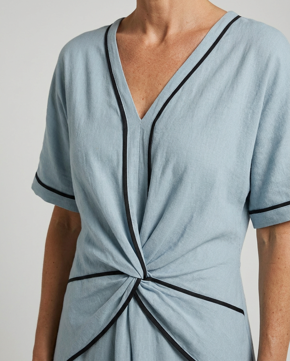 Close-up detail of V-neck and twist-front waist
